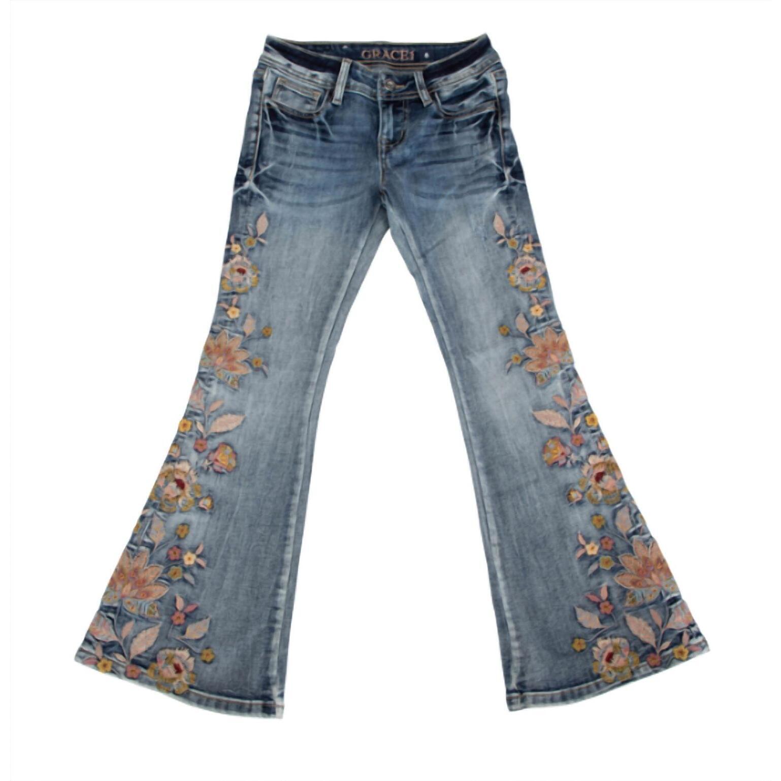 New Grace In La Girls Embroidered Leg Jeans In Grey